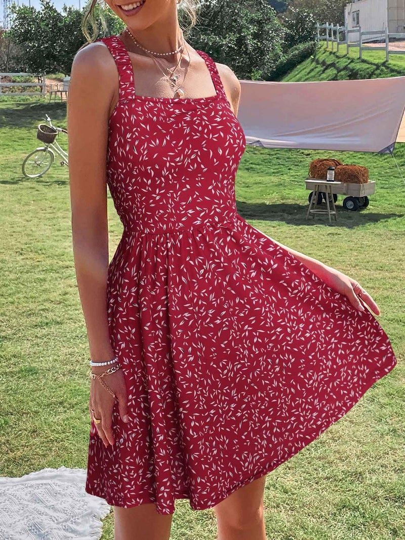 HUHOT Burgundy Dress for Women Summer Wedding Guest Sundresses Casual Beach Square Neck Red Mini Party Dress with Pockets - Image 2