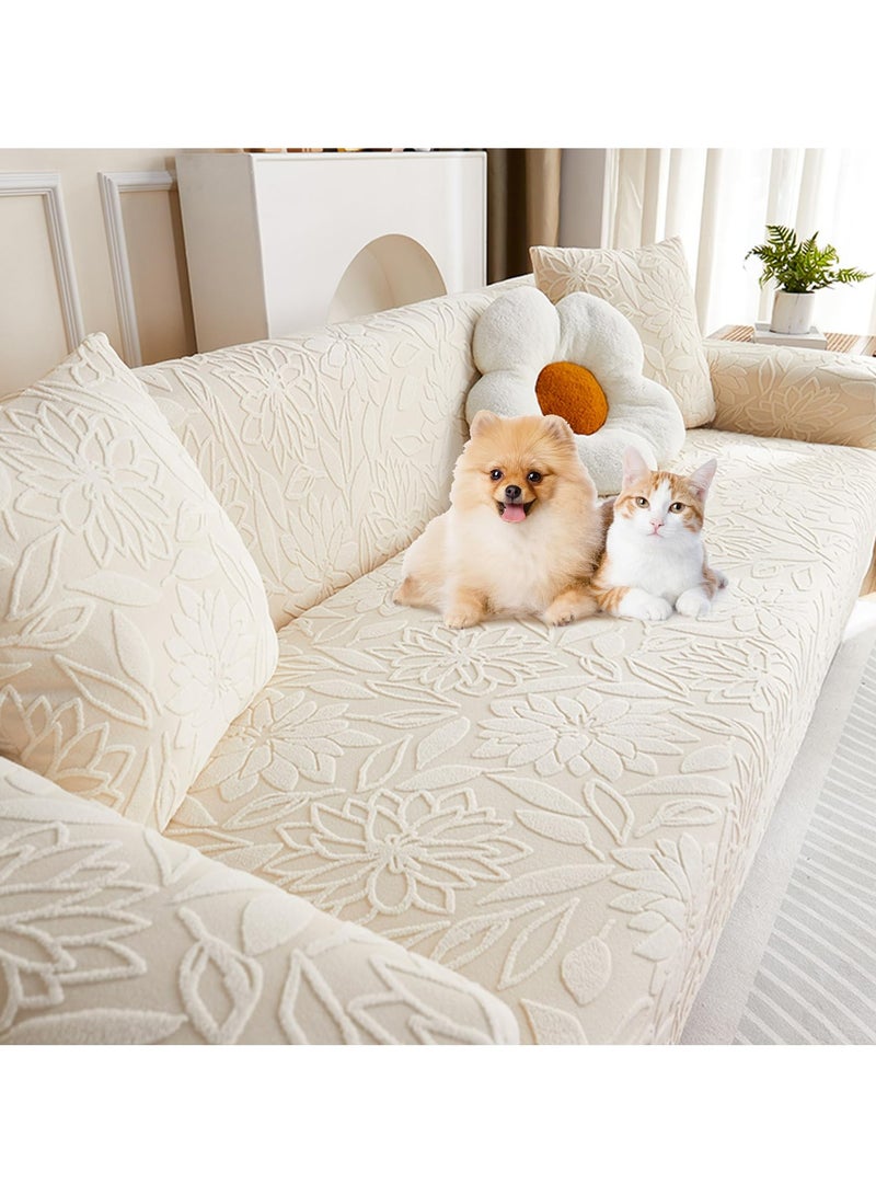 Dominy Sofa Cover with Skirt, Stretch Sofa Slipcover Spandex Non-Slip Soft Couch Covers, Washable Furniture Protector with Anti-Skid Foam and Thick Elastic Cord for 3 Seater, Couch Covers for Sofa, Boho 3D Floral Couch Protector for Dogs, Soft Sofa Covers, Washable Couch Slipcover,Washable Furniture Protector(Beige, 190-230cm) - Image 1