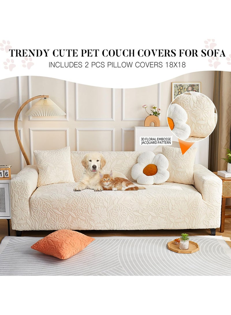 Dominy Sofa Cover with Skirt, Stretch Sofa Slipcover Spandex Non-Slip Soft Couch Covers, Washable Furniture Protector with Anti-Skid Foam and Thick Elastic Cord for 3 Seater, Couch Covers for Sofa, Boho 3D Floral Couch Protector for Dogs, Soft Sofa Covers, Washable Couch Slipcover,Washable Furniture Protector(Beige, 190-230cm) - Image 2