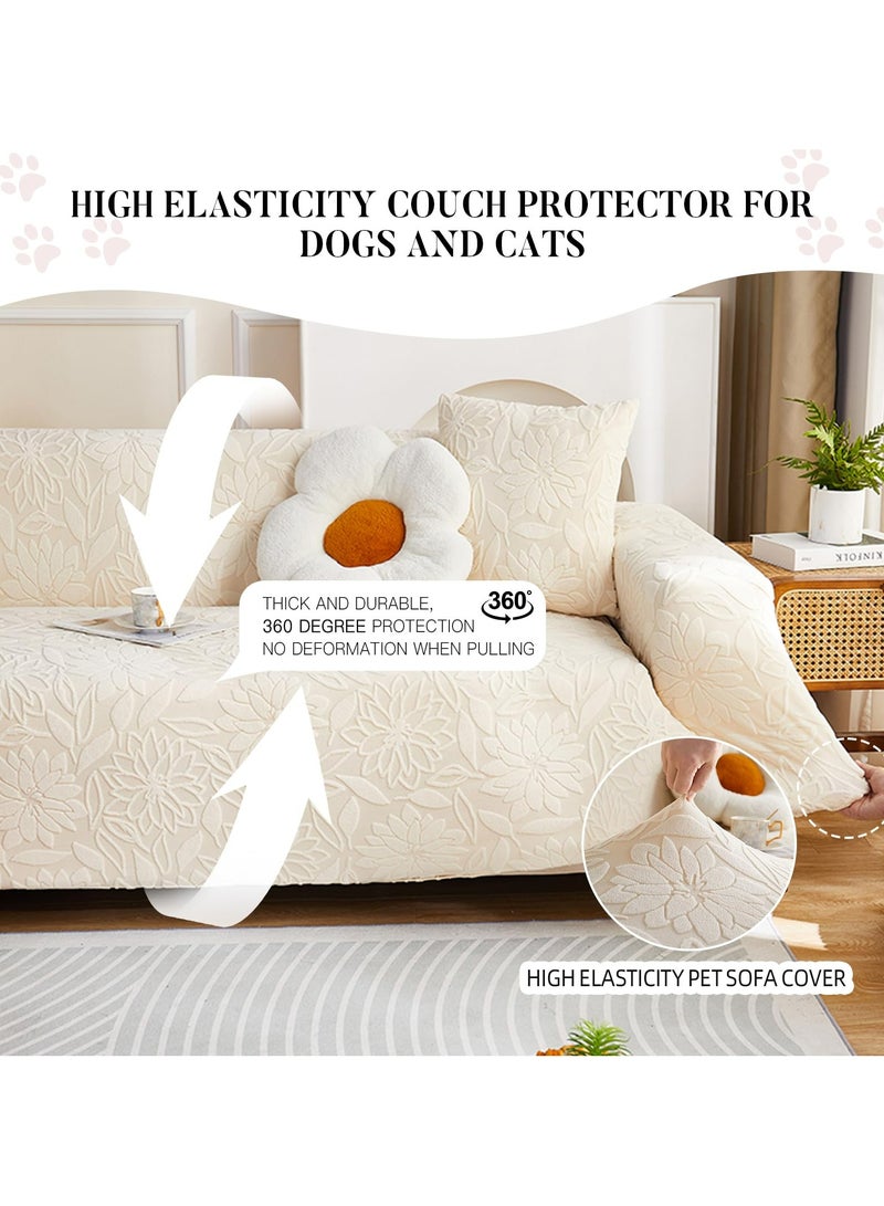 Dominy Sofa Cover with Skirt, Stretch Sofa Slipcover Spandex Non-Slip Soft Couch Covers, Washable Furniture Protector with Anti-Skid Foam and Thick Elastic Cord for 3 Seater, Couch Covers for Sofa, Boho 3D Floral Couch Protector for Dogs, Soft Sofa Covers, Washable Couch Slipcover,Washable Furniture Protector(Beige, 190-230cm) - Image 4