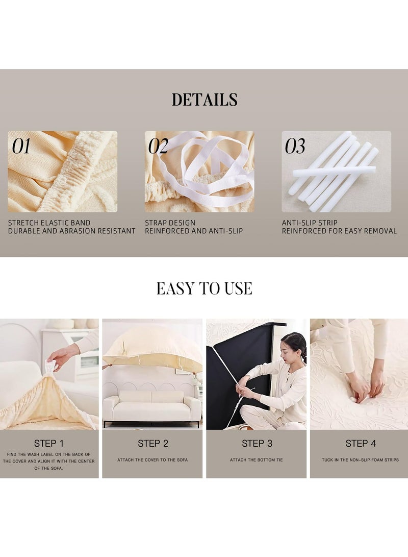 Dominy Sofa Cover with Skirt, Stretch Sofa Slipcover Spandex Non-Slip Soft Couch Covers, Washable Furniture Protector with Anti-Skid Foam and Thick Elastic Cord for 3 Seater, Couch Covers for Sofa, Boho 3D Floral Couch Protector for Dogs, Soft Sofa Covers, Washable Couch Slipcover,Washable Furniture Protector(Beige, 190-230cm) - Image 5