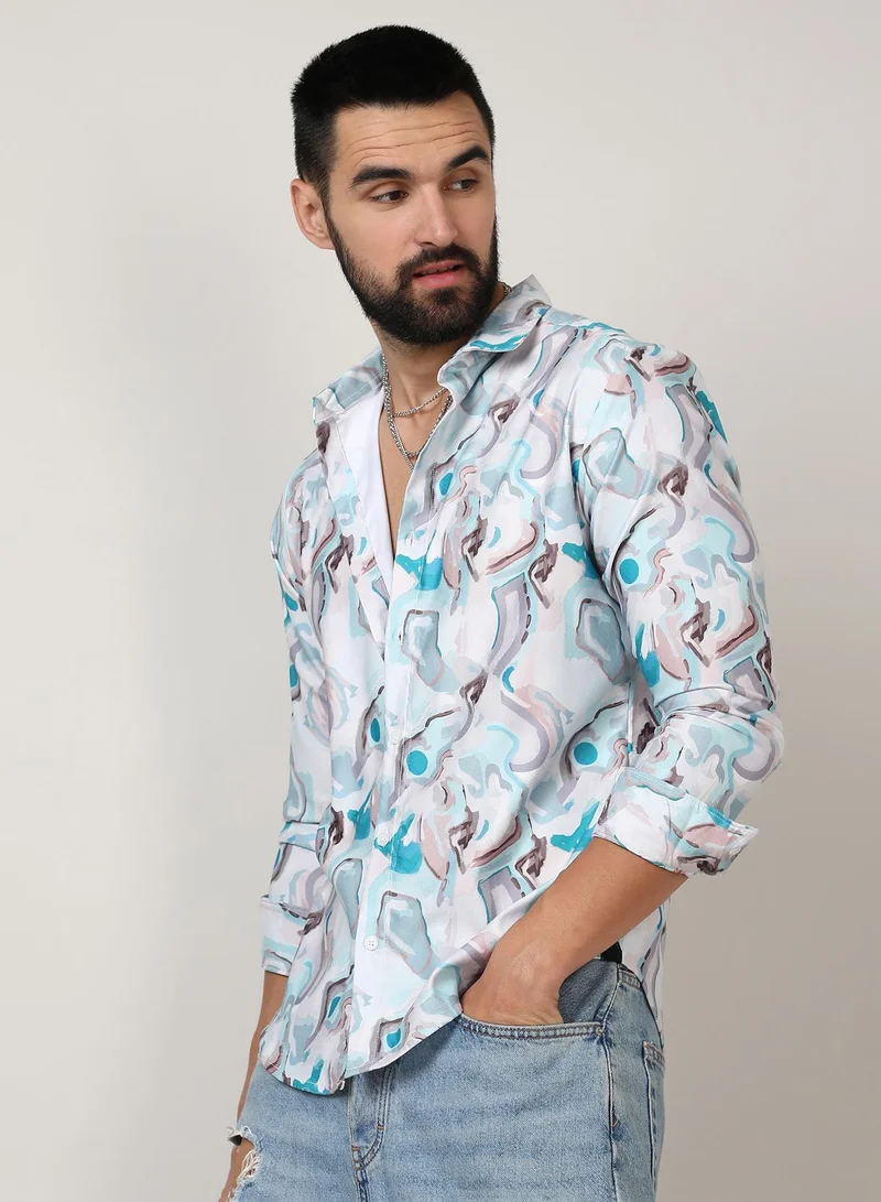Campus Sutra Men's Sky Blue & Ivory White Fluid Fade Shirt