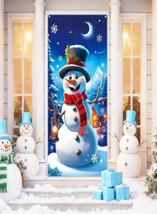 LOAVER Christmas Door Cover Snowman Decoration,Large Snowman Door Hanging Backdrop for Winter Party Christmas Indoor Outdoor Banner Holiday Decoration,70.8 x 35.4 Inch - Image 1