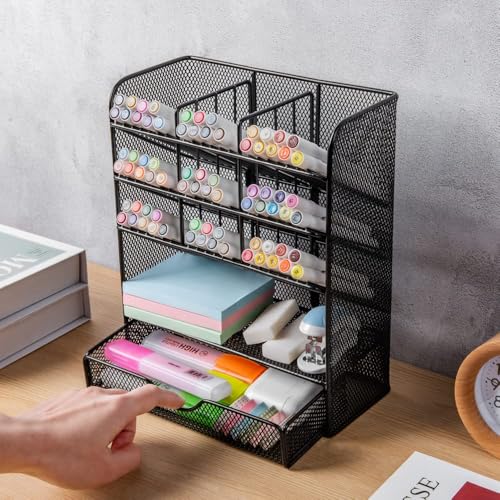 Spacrea Metal Pen Organizer, Pencil Holder for Desk, Desk Organizer with Drawer for School, Home, Art Supplies (Black) - Image 3