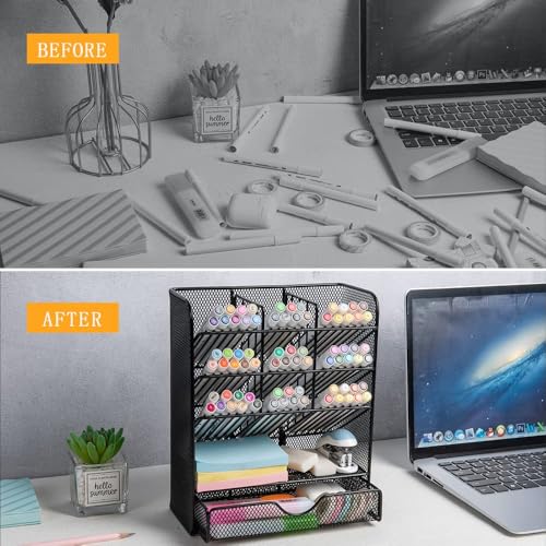 Spacrea Metal Pen Organizer, Pencil Holder for Desk, Desk Organizer with Drawer for School, Home, Art Supplies (Black) - Image 2
