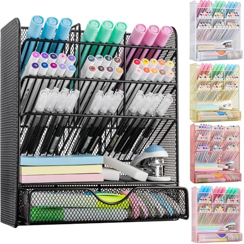 Spacrea Metal Pen Organizer, Pencil Holder for Desk, Desk Organizer with Drawer for School, Home, Art Supplies (Black) - Image 1