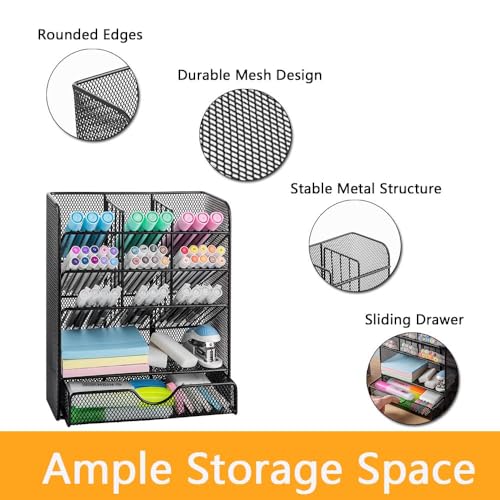 Spacrea Metal Pen Organizer, Pencil Holder for Desk, Desk Organizer with Drawer for School, Home, Art Supplies (Black) - Image 4