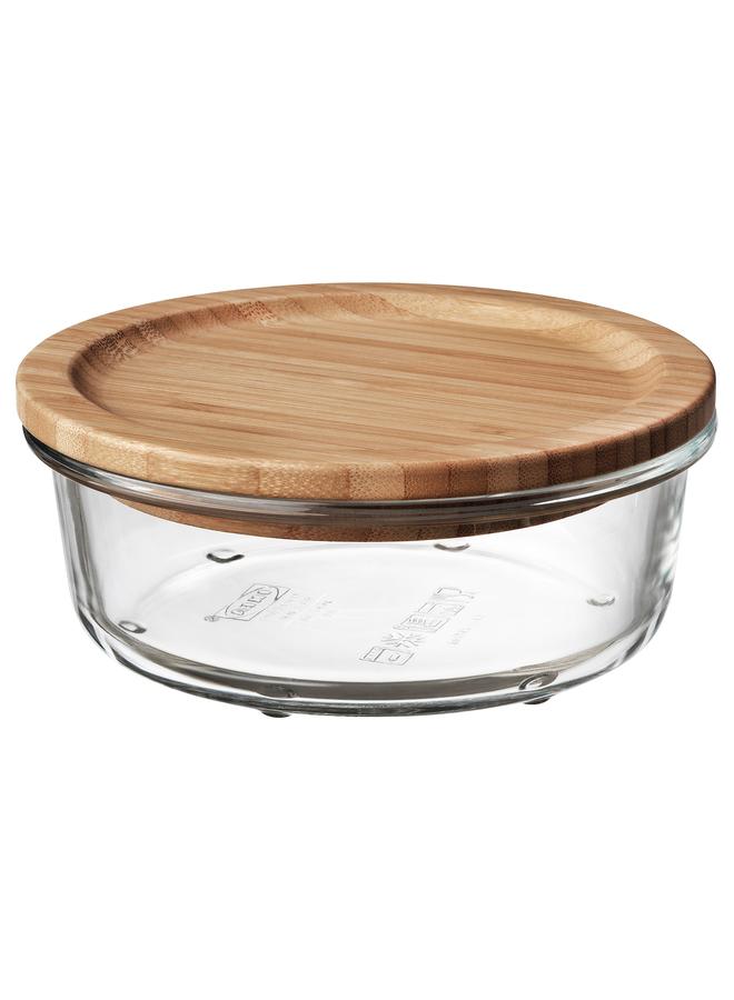 erorex Food Container With Lid, Round Glass/Bamboo, 400 Ml - Image 1