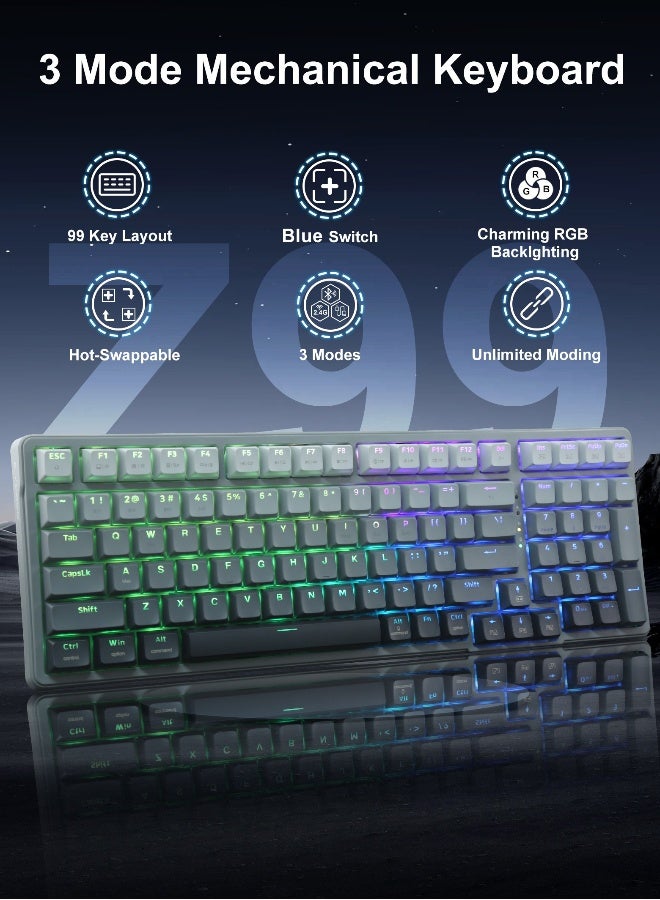 Z-99 Wireless Mechanical Keyboard, Tri-Mode Bluetooth 5.0/2.4GHz/USB-C, Hot-Swappable Clicky Blue Switches, Gasket-Mounted, RGB Backlit for PC, Tablet, PS, Xbox - Image 2