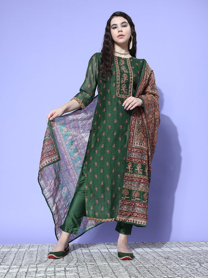 Varanga Women's Green Floral Printed Kurta with Tonal Bottom and Thread Embroidered Dupatta - Traditional Ethnic Wear for Women - Image 2