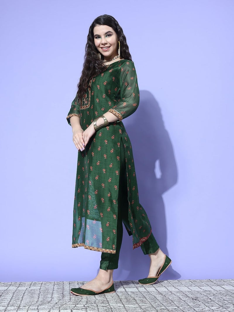 Varanga Women's Green Floral Printed Kurta with Tonal Bottom and Thread Embroidered Dupatta - Traditional Ethnic Wear for Women - Image 3