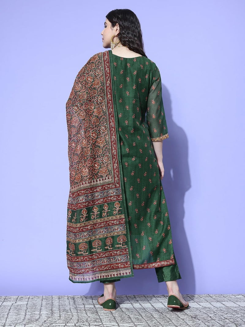 Varanga Women's Green Floral Printed Kurta with Tonal Bottom and Thread Embroidered Dupatta - Traditional Ethnic Wear for Women - Image 4