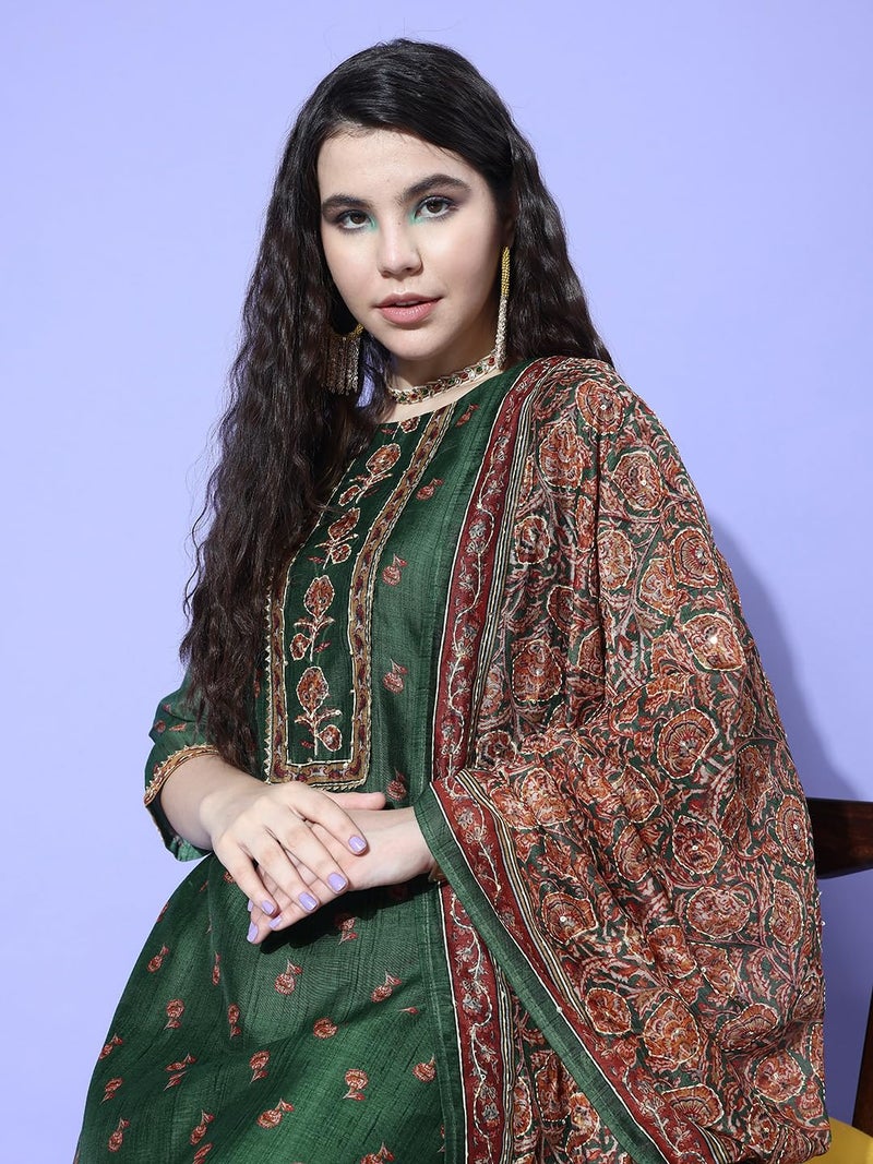 Varanga Women's Green Floral Printed Kurta with Tonal Bottom and Thread Embroidered Dupatta - Traditional Ethnic Wear for Women - Image 5