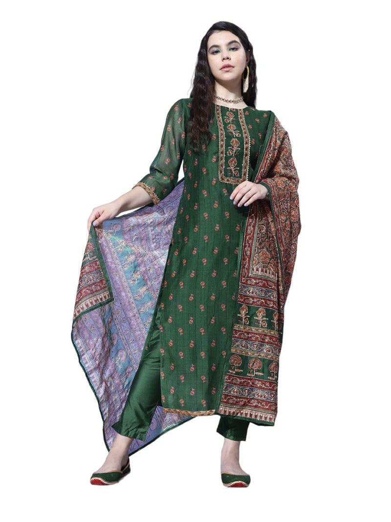 Varanga Women's Green Floral Printed Kurta with Tonal Bottom and Thread Embroidered Dupatta - Traditional Ethnic Wear for Women - Image 1