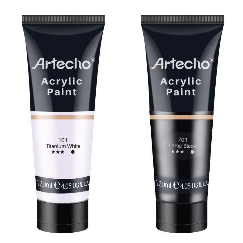 Artecho Professional Acrylic Paint White and Black 120ml 405oz Tubes Art Craft Paints for Canvas Rock Stone Wood Fabric Art Supplies
