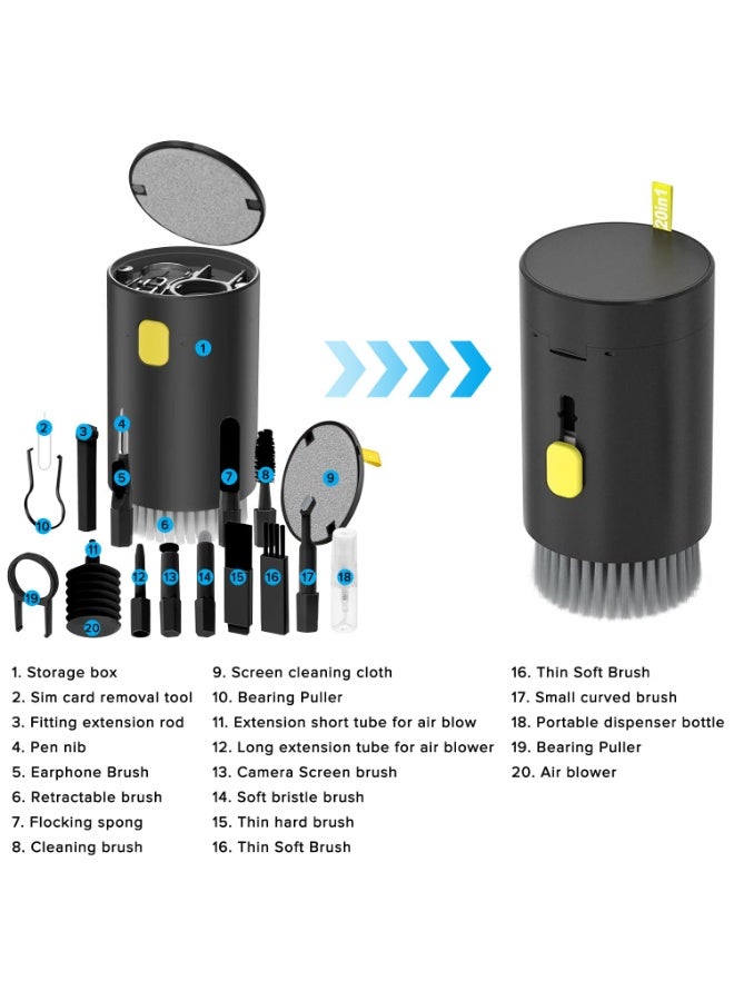 جودي مجموعة تنظيف الأجهزة الإلكترونية 20 في 1، مجموعة تنظيف لوحة المفاتيح، أداة تنظيف محمولة متعددة الوظائف، مناسبة لشاشات الكمبيوتر/سماعات الرأس، والهواتف المحمولة، وأجهزة الكمبيوتر المحمولة، وأجهزة الكمبيوتر المكتبية، وسماعات الرأس التي تعمل بتقنية البلوتوث (أسود) - Image 2