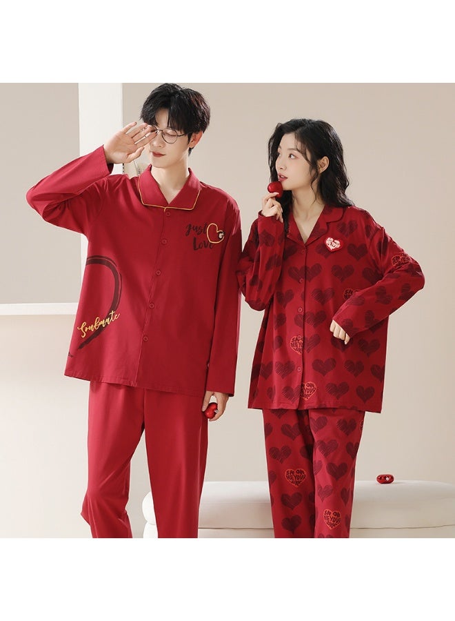 Autumn Cotton Couple Pajamas Set Large Red Loose-fit Long Sleeve Cardigan Lapel Homewear Suit For Men Women - Image 1