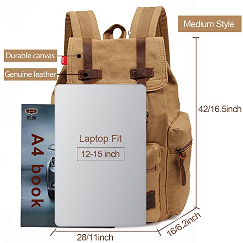 AUGUR High Capacity Canvas Vintage Backpack - for School Travel 12-15" Laptop Backapcks for Men Casual Daypacks Rucksack (M-Khaki) - Image 2