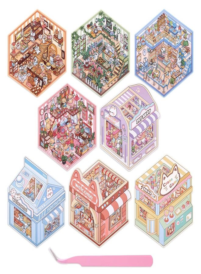 ICCEEMEE 8 Sets 3D Miniature House Stickers, DIY Diorama Stickers Convenience Store Bakery Pet Shop for Adults & Kids, Stress Relief Fun Pastime - Image 1