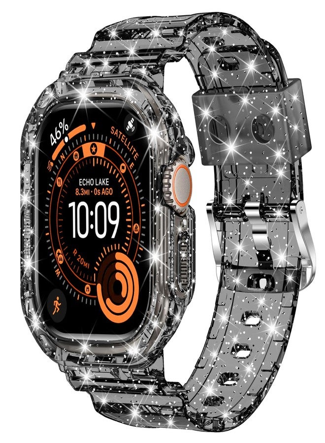 XYF Compatible with Crystal Clear Apple Watch Bands 45mm 44mm 46mm 42mm 41mm 40mm 38mm 49mm Bumper Protective Case for Women Men Jelly Sport Band for iWatch Ultra 2/1, Black Glitter, 49mm-Ultra 3/2/1 - Image 1