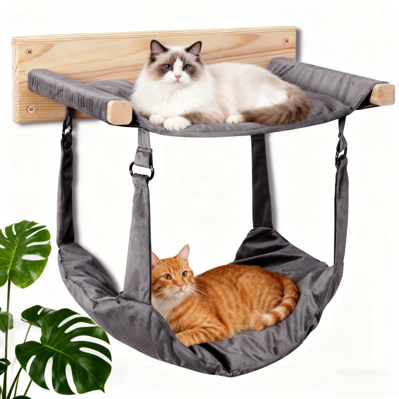 JSPYFITS Wooden Cat Wall Hammock, 18.9 x 12.6 Inch Double Layer Cat Furniture Hammock, Large Removable Multi-Function Cats Bed for Sleep/Play/Climb/Lounge Easy DIY Installation(Grey) - Image 1