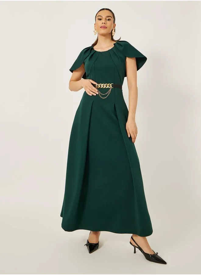 ستايلي Cape Sleeve A-Line Maxi Dress with Chain Belt Detail