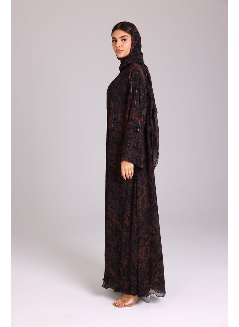 اكسا عباية عصرية قصة واسعة نقوش مميزة بني - Image 3