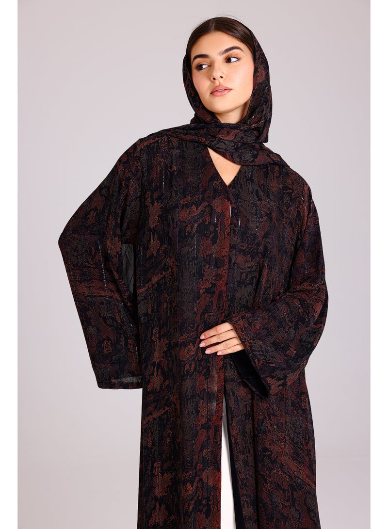 اكسا عباية عصرية قصة واسعة نقوش مميزة بني - Image 2