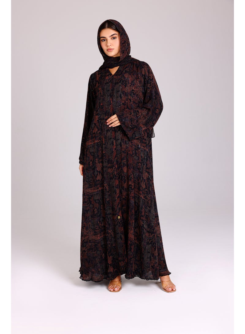 اكسا عباية عصرية قصة واسعة نقوش مميزة بني - Image 1