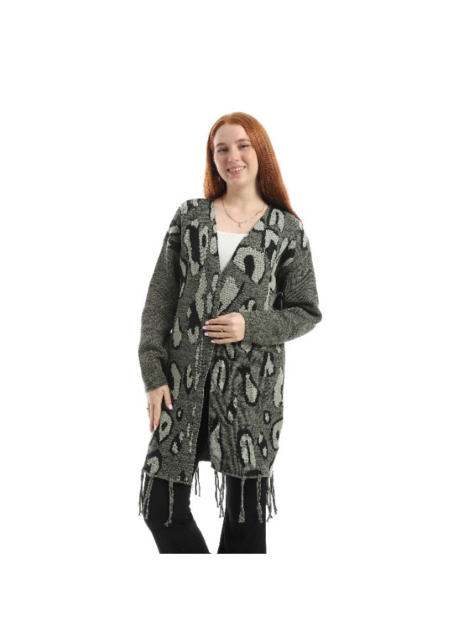 سيزار كارديجان حريمي صوف طويل مزود بنقوش وشراشيب - Image 1