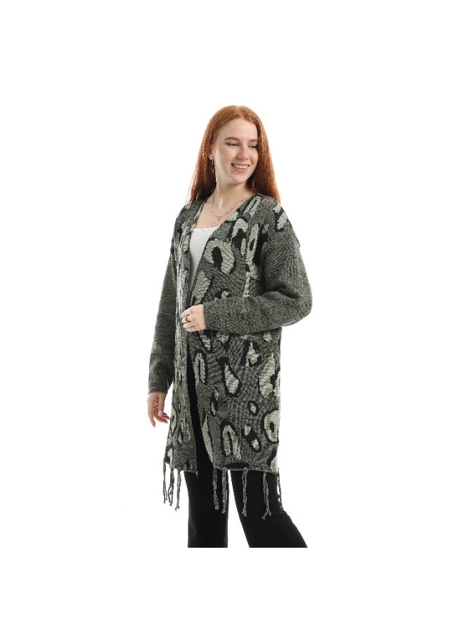 سيزار كارديجان حريمي صوف طويل مزود بنقوش وشراشيب - Image 2