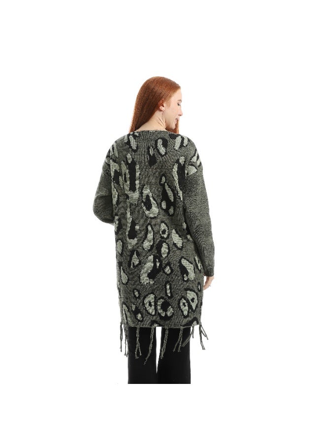 سيزار كارديجان حريمي صوف طويل مزود بنقوش وشراشيب - Image 3