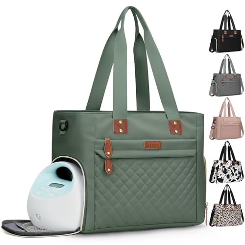 Pritent Diaper Bag Tote for Working Mom Large Travel Diaper Tote for Mom and Dad with 14 Inch Laptop Sleeve Mommy Maternity Travel Baby Bag for Boys and Girls Green - Image 1