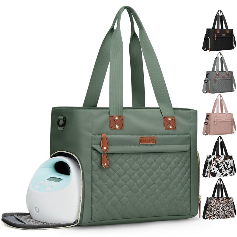 Pritent Diaper Bag Tote for Working Mom Large Travel Diaper Tote for Mom and Dad with 14 Inch Laptop Sleeve Mommy Maternity Travel Baby Bag for Boys and Girls Green - Image 2