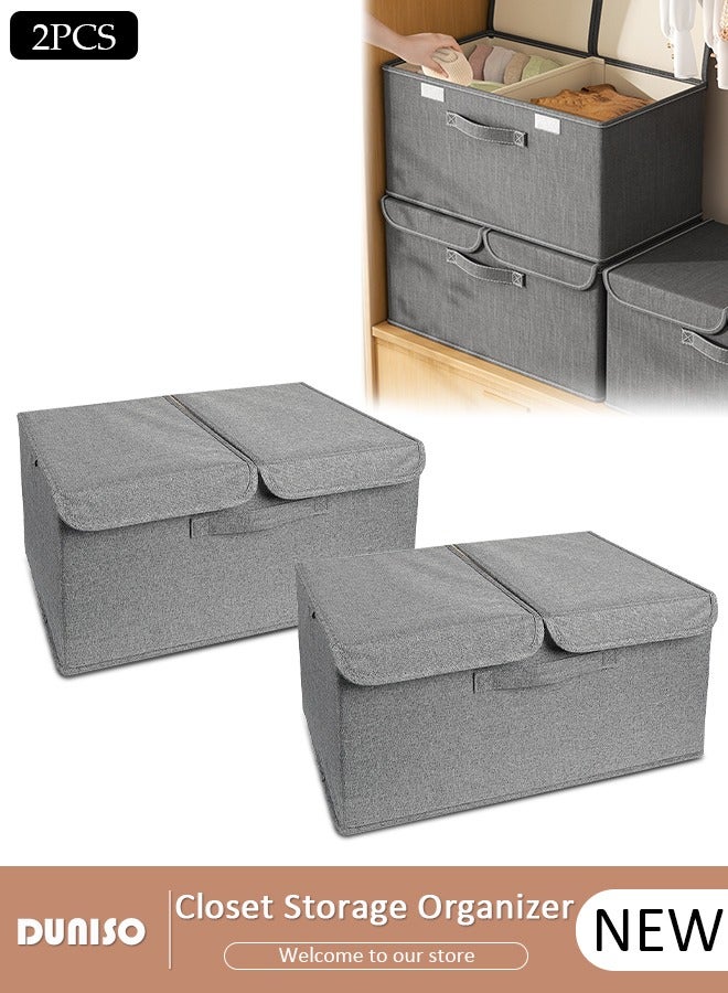 DUNISO 2pcs Foldable Closet Storage Organizer with lid,Wardrobe Clothes Organizer For Organizing Clothing, Sheets, Toys, Books,Washable Closet Storage Boxes with Carrying Handles Cube Stackable Storage Bin for Home Bedroom Office  - Image 1