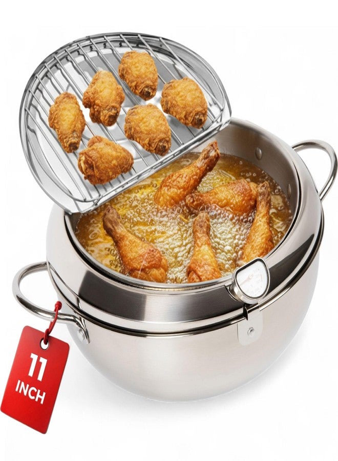 Alpha Living SDF-04 Deep Fryer Pot - 11-Inch Stainless Steel Frying Pot with Oil Thermometer - Ideal for Deep Frying Chicken, Fries, Mini Donuts, Tempura & More - Frying Pan for Home Use - Image 1