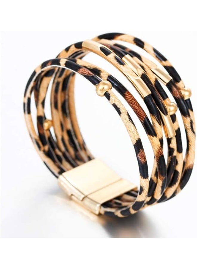 Goolsky Lady's Fashionable Leopard Print PU Leather Bracelet with Plating - Boho Leopard Multi-Layer Crystal Beads Cuff Bracelet Jewelry - Image 1