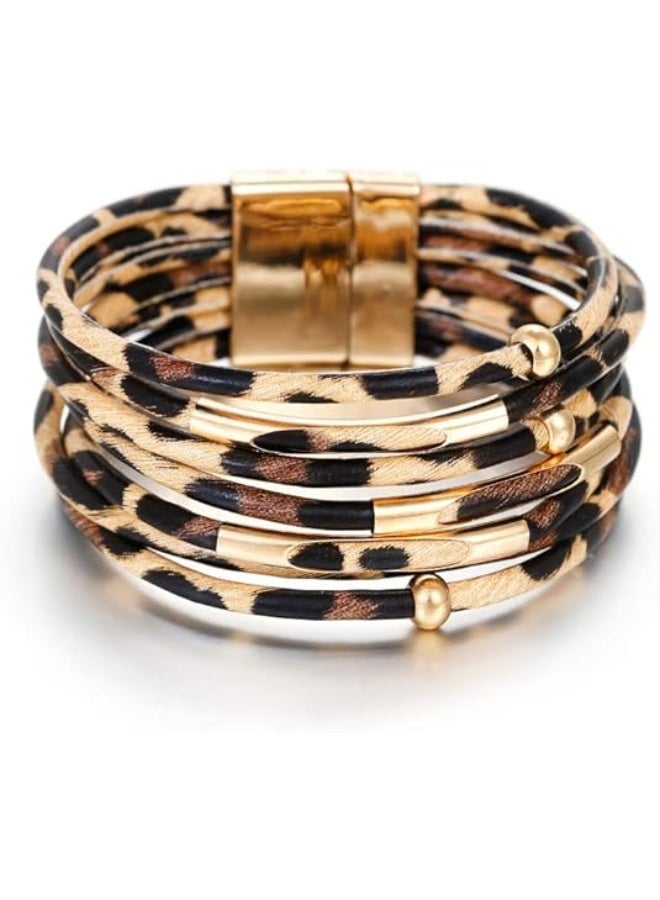 Goolsky Lady's Fashionable Leopard Print PU Leather Bracelet with Plating - Boho Leopard Multi-Layer Crystal Beads Cuff Bracelet Jewelry - Image 2