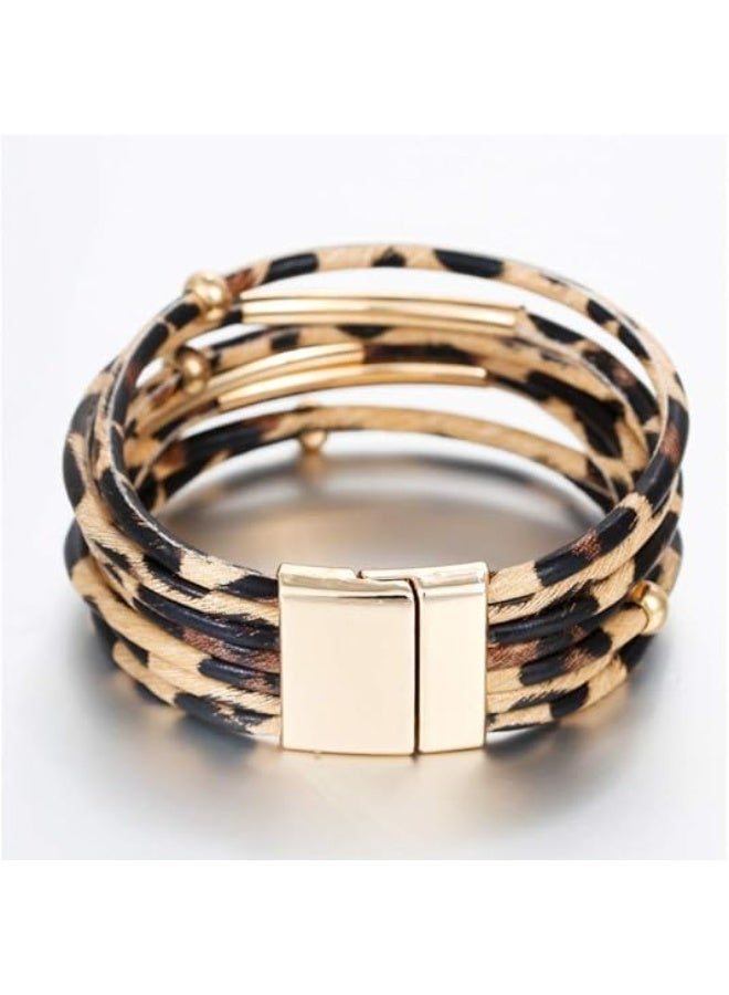Goolsky Lady's Fashionable Leopard Print PU Leather Bracelet with Plating - Boho Leopard Multi-Layer Crystal Beads Cuff Bracelet Jewelry - Image 4
