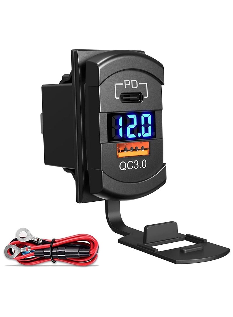 Y&D USB C Car Charger Socket Rocker Style Switch Replacement, Dual PD and QC3.0 12V/24V Panel Mount Outlet with LED Voltmeter for Boat Marine Truck Bus Off Road Vehicles RV Golf Cart, etc.  - Image 1