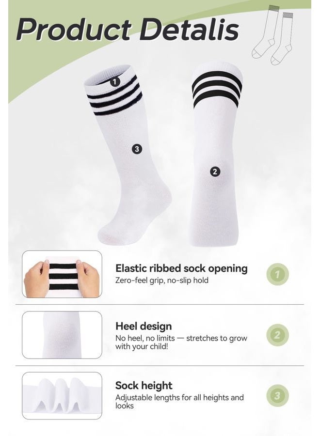 Zando Kids Child Cotton Three Stripes Sport Soccer Team Socks Uniform Tube Cute Knee High Stocking for Boys Girls 1 Pairs White Black One Size - Image 2