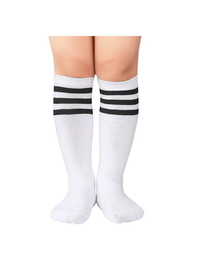 Zando Kids Child Cotton Three Stripes Sport Soccer Team Socks Uniform Tube Cute Knee High Stocking for Boys Girls 1 Pairs White Black One Size - Image 1