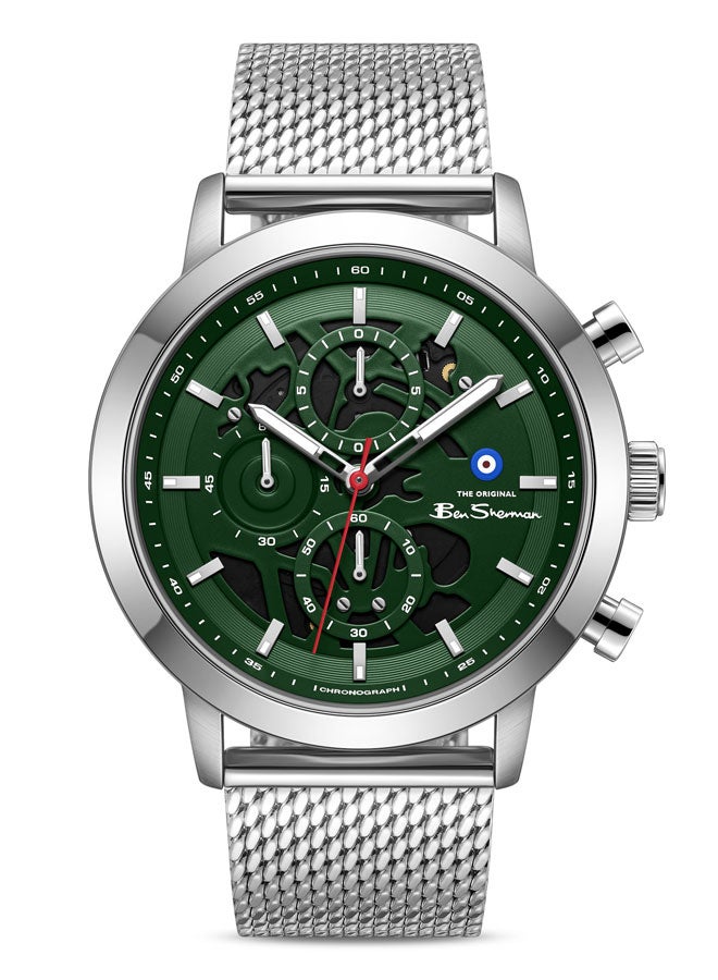Ben Sherman Nottingham Green Dial Stainless Steel Bracelet Chronograph Watch for Men, 44mm - Image 1