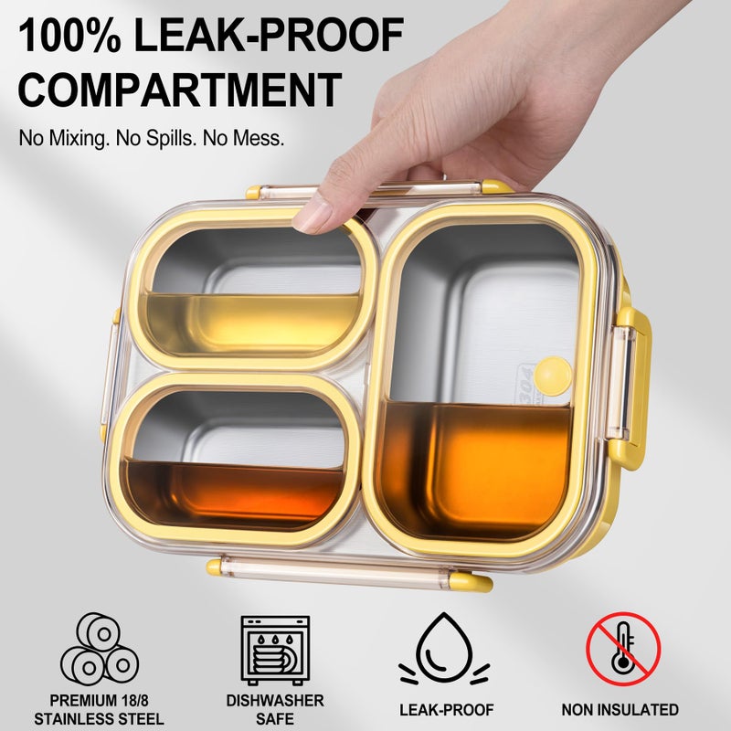 KTKUDY Stainless Steel Bento Box for Kids & Adults - 25 oz - Leakproof 3 Compartment Metal Lunch Container - 18/8 Stainless Steel Lunch Box Kids - Ideal for School, Office & Outdoor (Yellow) - Image 4