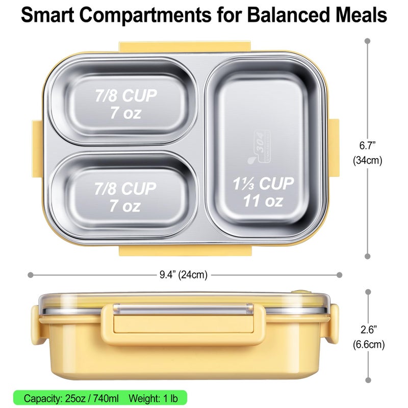 KTKUDY Stainless Steel Bento Box for Kids & Adults - 25 oz - Leakproof 3 Compartment Metal Lunch Container - 18/8 Stainless Steel Lunch Box Kids - Ideal for School, Office & Outdoor (Yellow) - Image 5