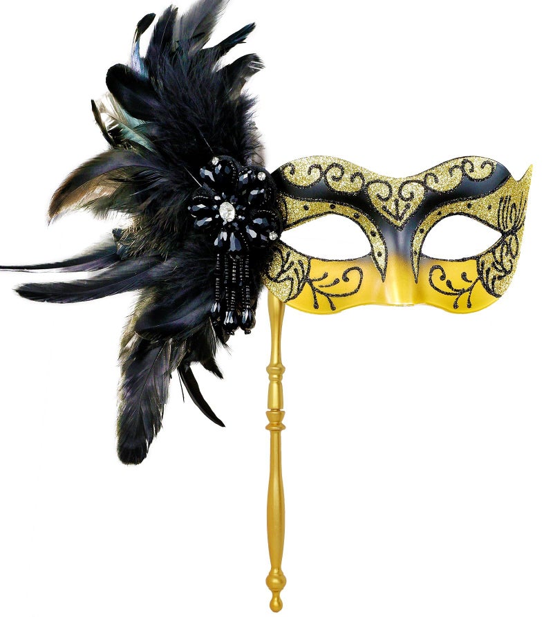 MYSEUNI 2025 New Black and Gold Masquerade Mask with Stick - Shiny Women's Feather Gold Mardi Gras Mask for Halloween Parties, Carnival, Cosplay Prom, Christmas, Wedding, Bar, Costume Accessory - Image 1