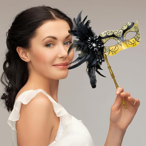MYSEUNI 2025 New Black and Gold Masquerade Mask with Stick - Shiny Women's Feather Gold Mardi Gras Mask for Halloween Parties, Carnival, Cosplay Prom, Christmas, Wedding, Bar, Costume Accessory - Image 5