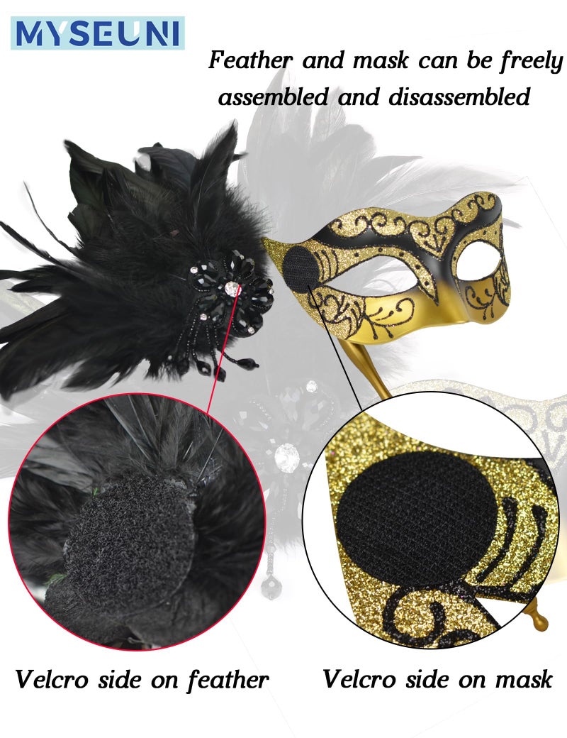 MYSEUNI 2025 New Black and Gold Masquerade Mask with Stick - Shiny Women's Feather Gold Mardi Gras Mask for Halloween Parties, Carnival, Cosplay Prom, Christmas, Wedding, Bar, Costume Accessory - Image 3