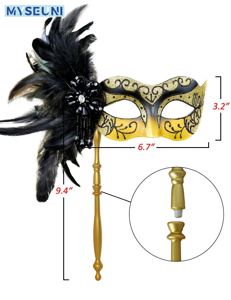 MYSEUNI 2025 New Black and Gold Masquerade Mask with Stick - Shiny Women's Feather Gold Mardi Gras Mask for Halloween Parties, Carnival, Cosplay Prom, Christmas, Wedding, Bar, Costume Accessory - Image 2