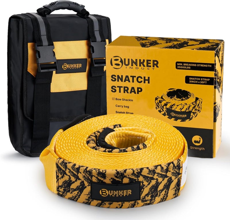 BUNKER INDUST مجموعة إنقاذ BUNKER INDUST لحبل الجر الثقيل مع حقيبة، حزام ونش لحماية الأشجار مقاس 3 بوصة × 30 قدم، أحزمة إنقاذ بقوة 35,000 رطل - حبل جر مركبات الطرق الوعرة للطوارئ - Image 1